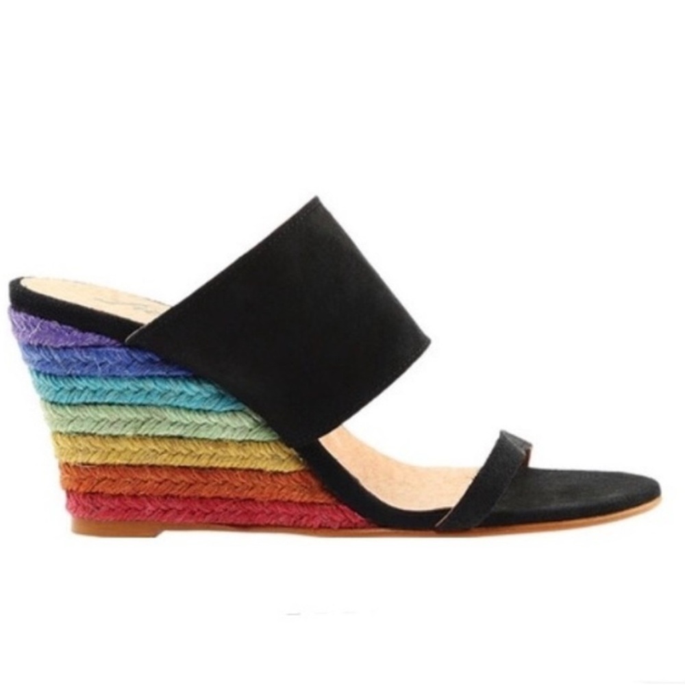 Free People Black Suede Slide Wedge with Rainbow Espadrille Heel